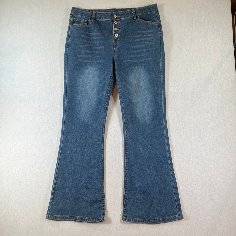Flare Jeans Women XXL (36x29) High Rise Button Fly Medium Wash Stretch Denim Y2K